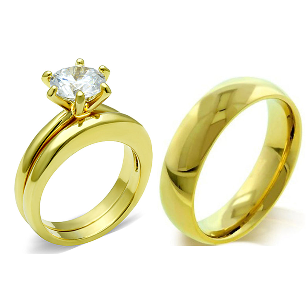 His Hers 3 PCS Round Cut CZ Solitaire Gold IP Stainless Steel Wedding Set /Mens Gold Band