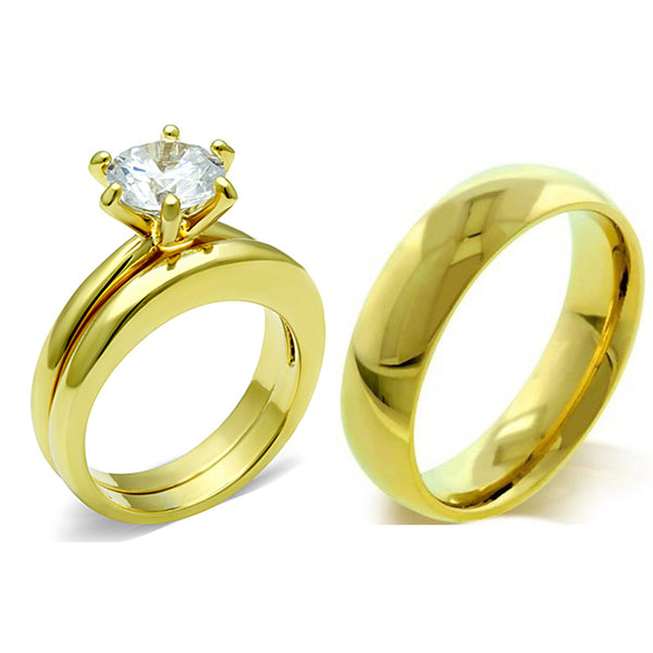 3 PCS Round Cut CZ Solitaire Gold IP Stainless Steel Couple Ring