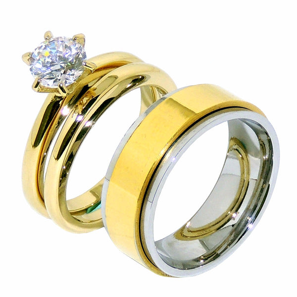 His Hers 3 PCS Round Cut CZ Solitaire Gold IP Stainless Steel Wedding Set  Mens Gold Spinning Band
