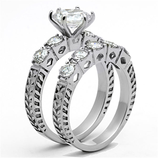 His Hers 3 PCS 8x8mm Round Cut CZ Womens Stainless Steel Wedding Ring Set Mens 9 CZ Band