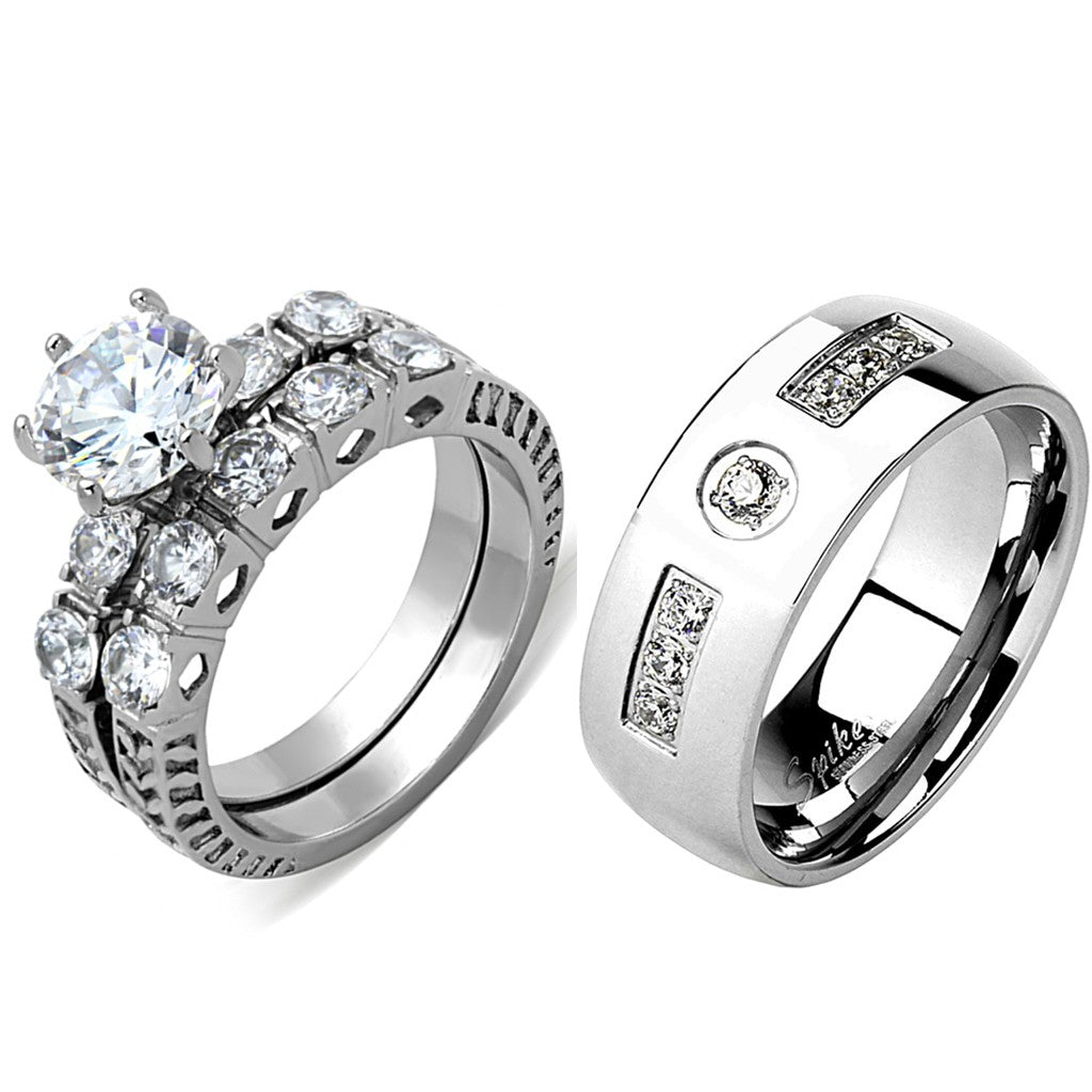 3 PCS Couple Ring Set Womens 8x8mm Round Cut CZ Stainless Steel Wedding Ring Set Mens 7 CZ Band