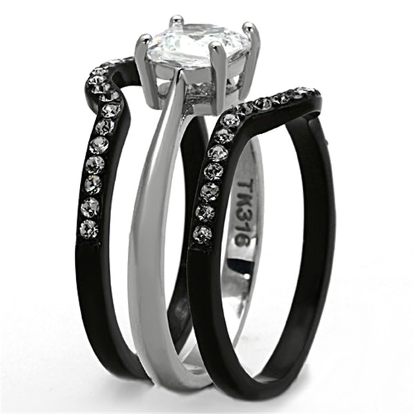 His Hers 4 PCS Black IP Stainless Steel Cushion Cut CZ Wedding Set Mens 3 CZ Matching Band - LA NY Jewelry