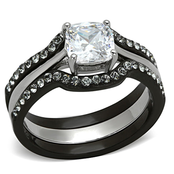 3 PCS Cushion Cut Black IP Two-Tone Stainless Steel Engagement Ring Set - LA NY Jewelry
