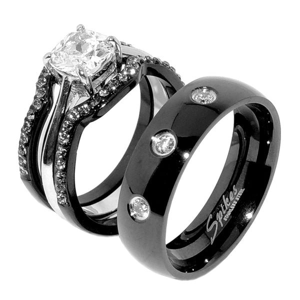 His Hers 4 PCS Black IP Stainless Steel Cushion Cut CZ Wedding Set Mens 3 CZ Matching Band - LA NY Jewelry
