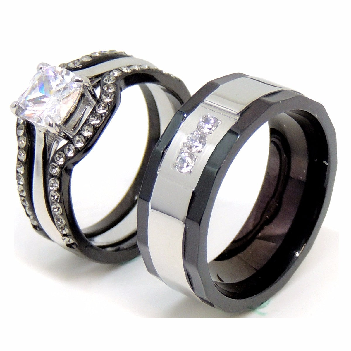 His Hers 4 PCS Black Cushion Cut CZ Wedding Ring Mens 3 CZ Two Tone Band - LA NY Jewelry
