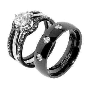 His Hers 4 PCS Black IP Stainless Steel Round Cut CZ Wedding Set Mens 3 CZ Matching Band - LA NY Jewelry