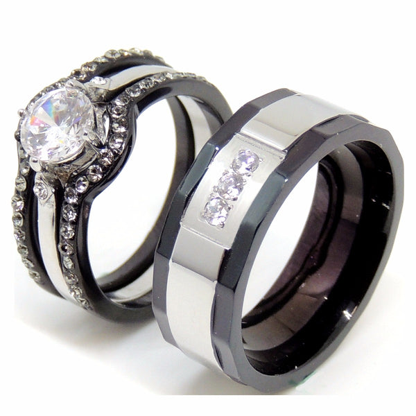 Couple Ring Set Women Black Stainless Steel Promise Ring Mens 3 CZs Wedding Band - LA NY Jewelry