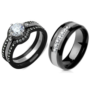 Couple Ring Set Womens Black Stainless Steel Promise Ring Mens 7 CZs Wedding Band