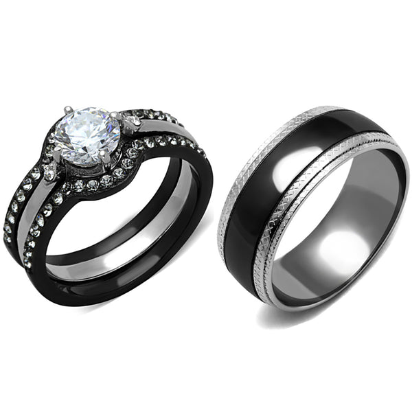 His Hers 4 PCS Black IP Stainless Steel Round Cut CZ Wedding Set Mens Matching Band