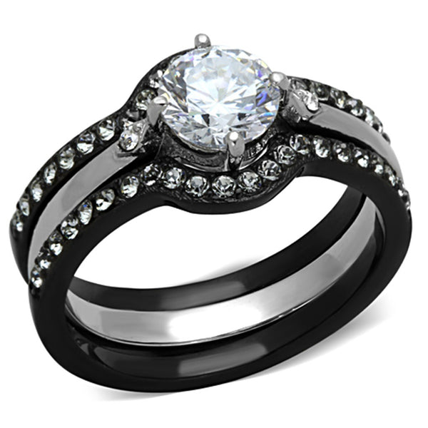 Couple Ring Set Women Black Stainless Steel Promise Ring Mens 3 CZs Wedding Band - LA NY Jewelry