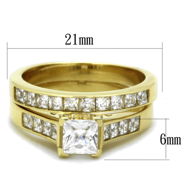 His Hers Couple 3 PCS 5x5mm Princess Cut CZ Gold IP Stainless Steel Wedding Set Mens Gold Band - LA NY Jewelry
