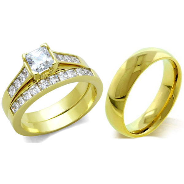 His Hers Couple 3 PCS 5x5mm Princess Cut CZ Gold IP Stainless Steel Wedding Set Mens Gold Band