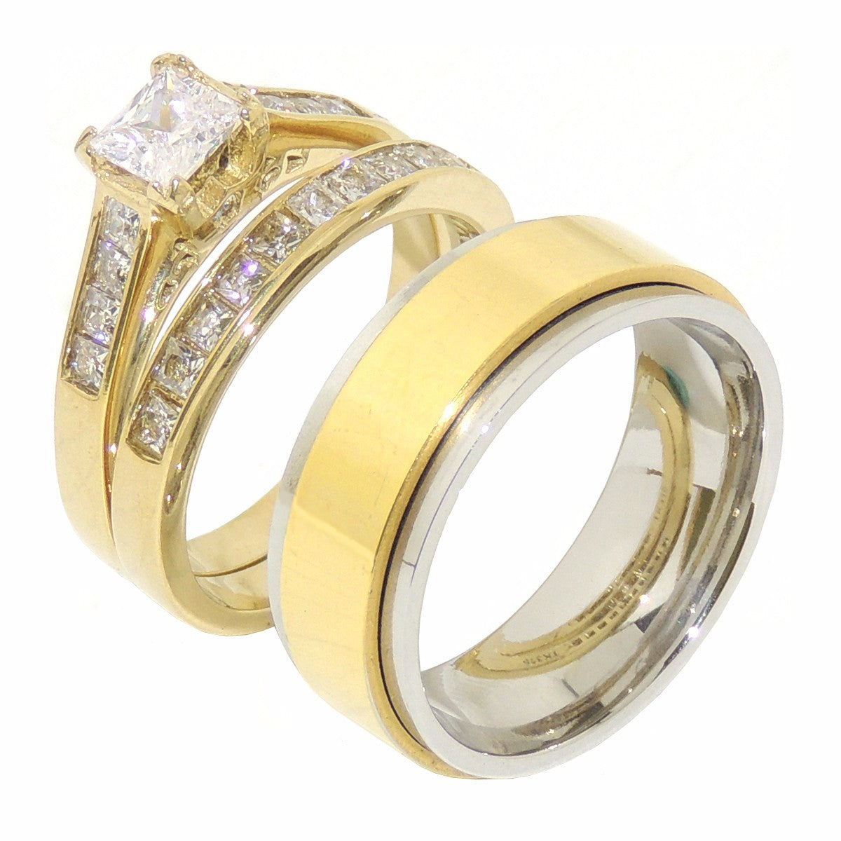 His Hers 5x5mm Princess CZ Gold IP Stainless Steel Wedding Set Mens Gold Spinning Band - LA NY Jewelry