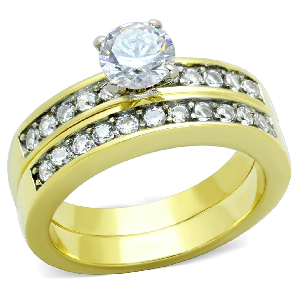 6x6mm Round Cut CZ Gold IP Stainless Steel Wedding Ring Set - LA NY Jewelry