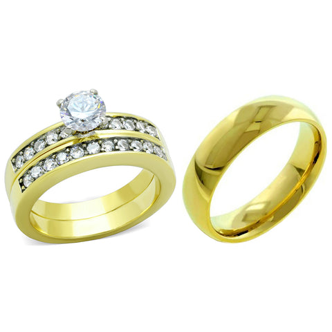 His Hers Couple 3 PCS 6x6mm Round Cut CZ Gold IP Stainless Steel Wedding Set Mens Gold Band