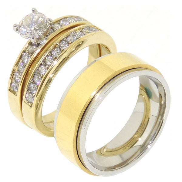 Couple Ring Set 6x6mm Round CZ Gold IP Promise Ring Set Mens Gold Spinning Band - LA NY Jewelry