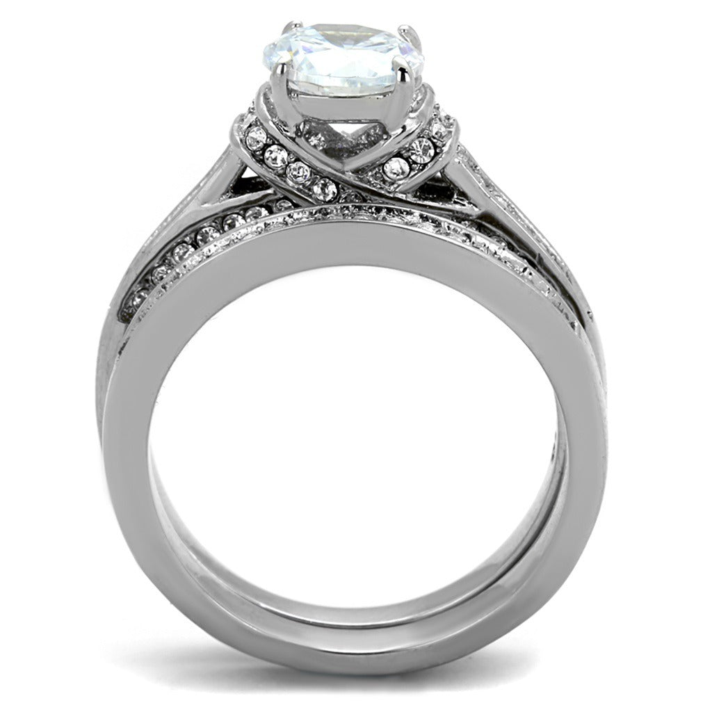 Matching Bride Groom Rings His & Hers Stainless Steel Wedding Ring Set With Cubic Zirconia - Vintage Style His And Hers Wedding Ring Set