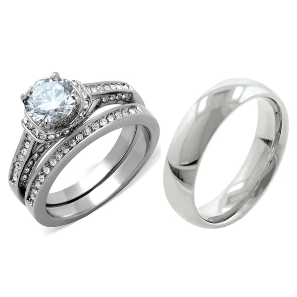 His Hers 3 PCS 7x7mm Round Cut CZ Womens Stainless Steel Wedding Ring Set Mens Matching Band