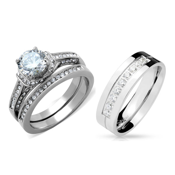 His Hers 3 PCS 7x7mm Round Cut CZ Womens Stainless Steel Wedding Ring Set Mens 9 Round CZ Band