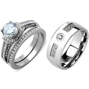 His Hers 3 PCS 7x7mm Round Cut CZ Womens Stainless Steel Wedding Ring Set Mens 7 Round CZ Band