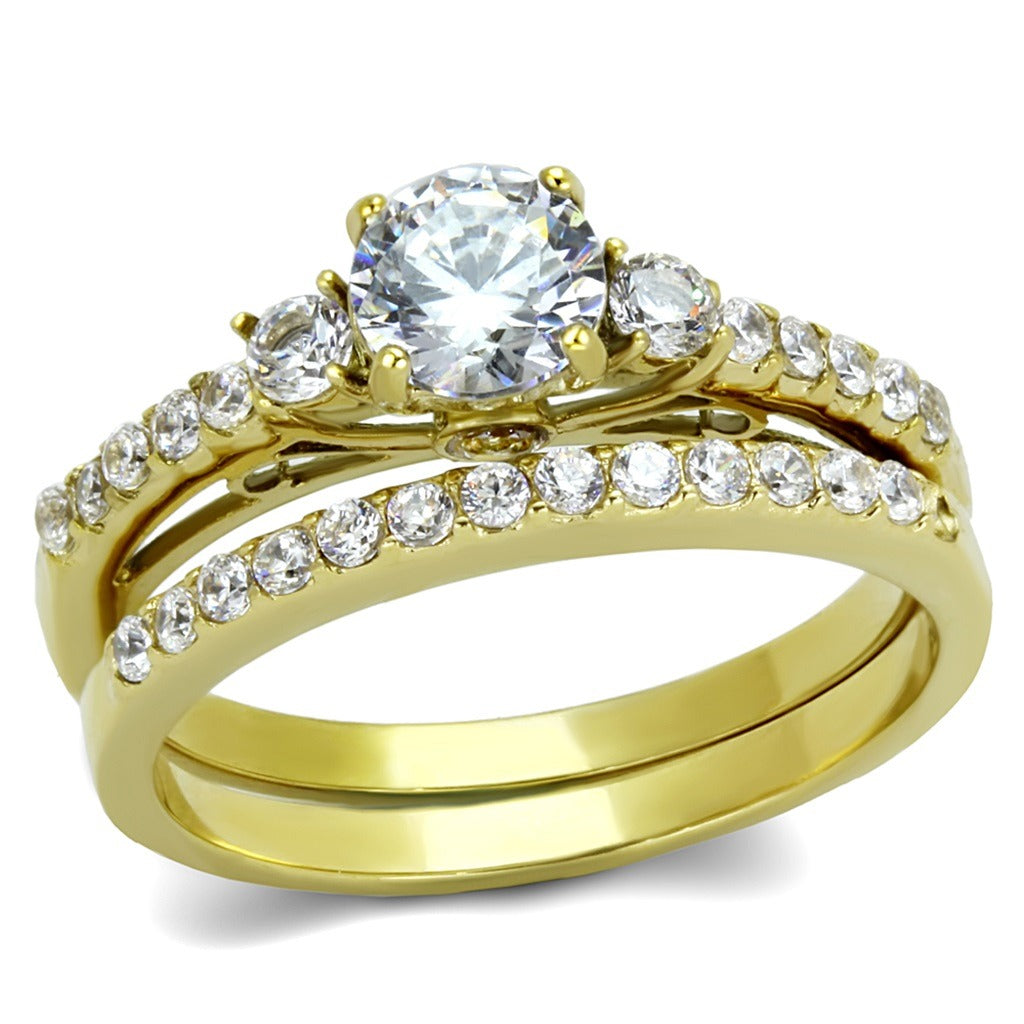 Couples Ring Set Womens Gold Plated 0.6 Carat Round CZ Ring Set Mens Gold  Plated Flat Wedding Band