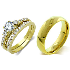 His Hers Couple 3 PCS 5x5mm Round Cut CZ Gold IP Stainless Steel Wedding Set Mens Gold Band