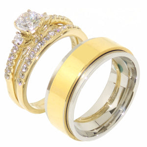 His Hers Couple 3 PCS 5x5mm Round Cut CZ Gold IP Stainless Steel Wedding  Set Mens Gold Spinning Band