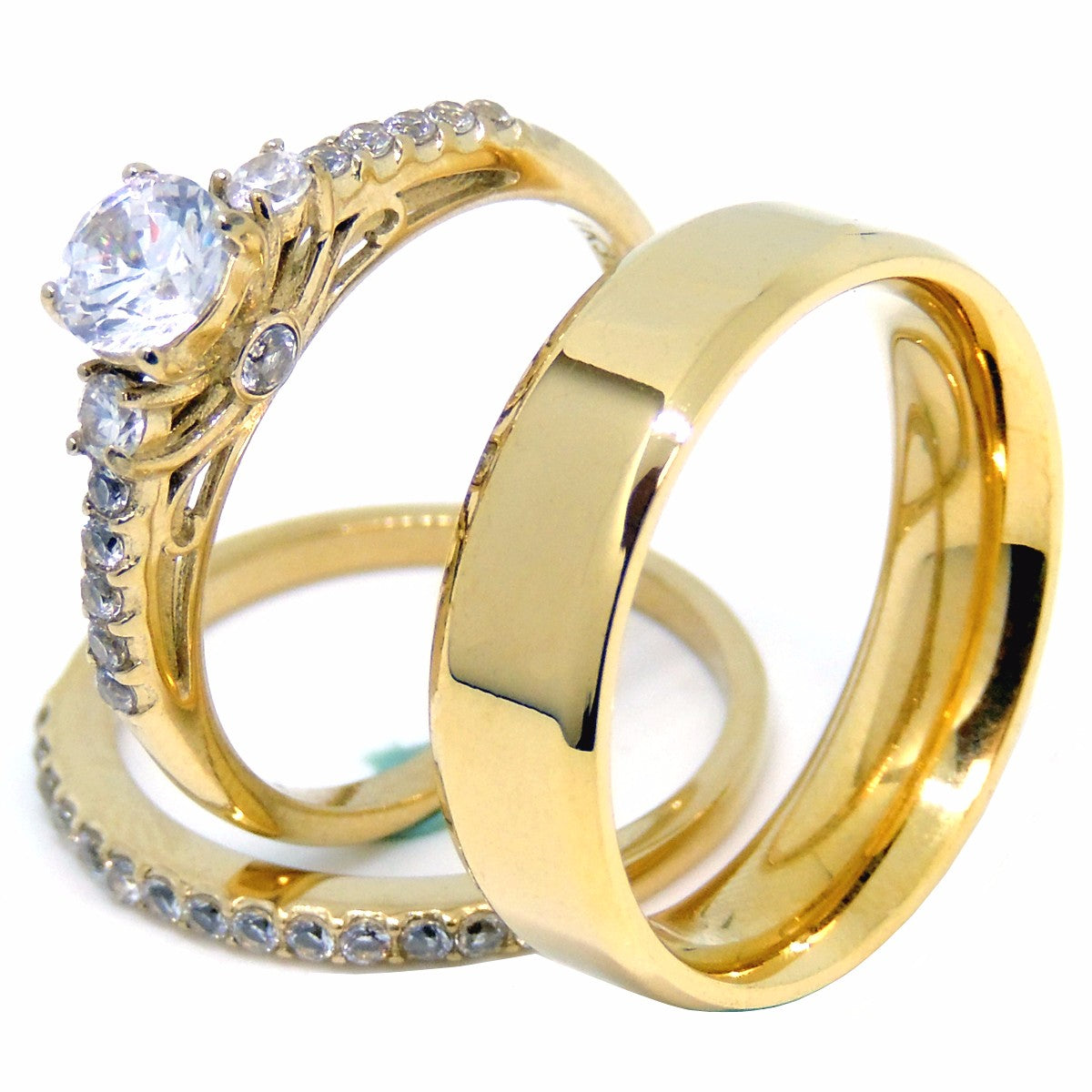 Couples Ring Set Womens Gold Plated 0.6 Carat Round CZ Ring Set Mens Gold  Plated Flat Wedding Band