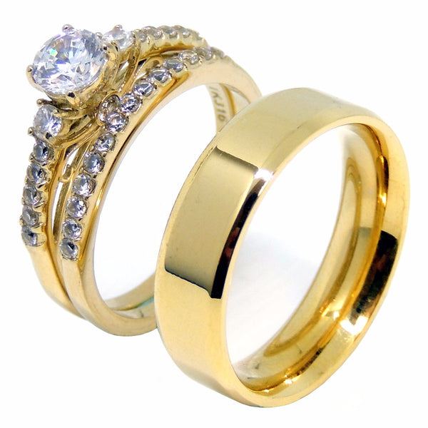 Couples Ring Set Womens Gold Plated 0.6 Carat Round CZ Ring Set Mens Gold Plated Flat Wedding Band - LA NY Jewelry
