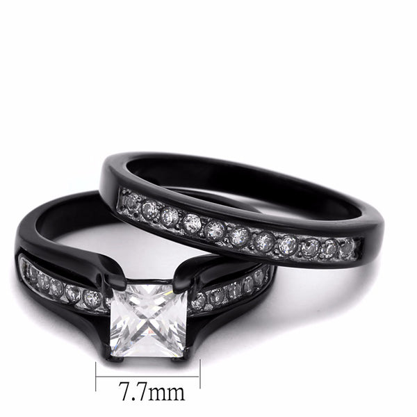3 PCS Couple Black IP Stainless Steel 7x7mm Princess Cut CZ Engagement Ring Set Mens Band with 3 CZs - LA NY Jewelry