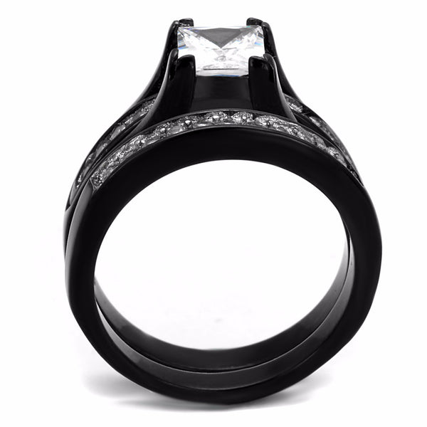 Couple Ring Set Womens One Carat Princess CZ Black Promise Ring Mens 3 CZ Wedding Band - LA NY Jewelry