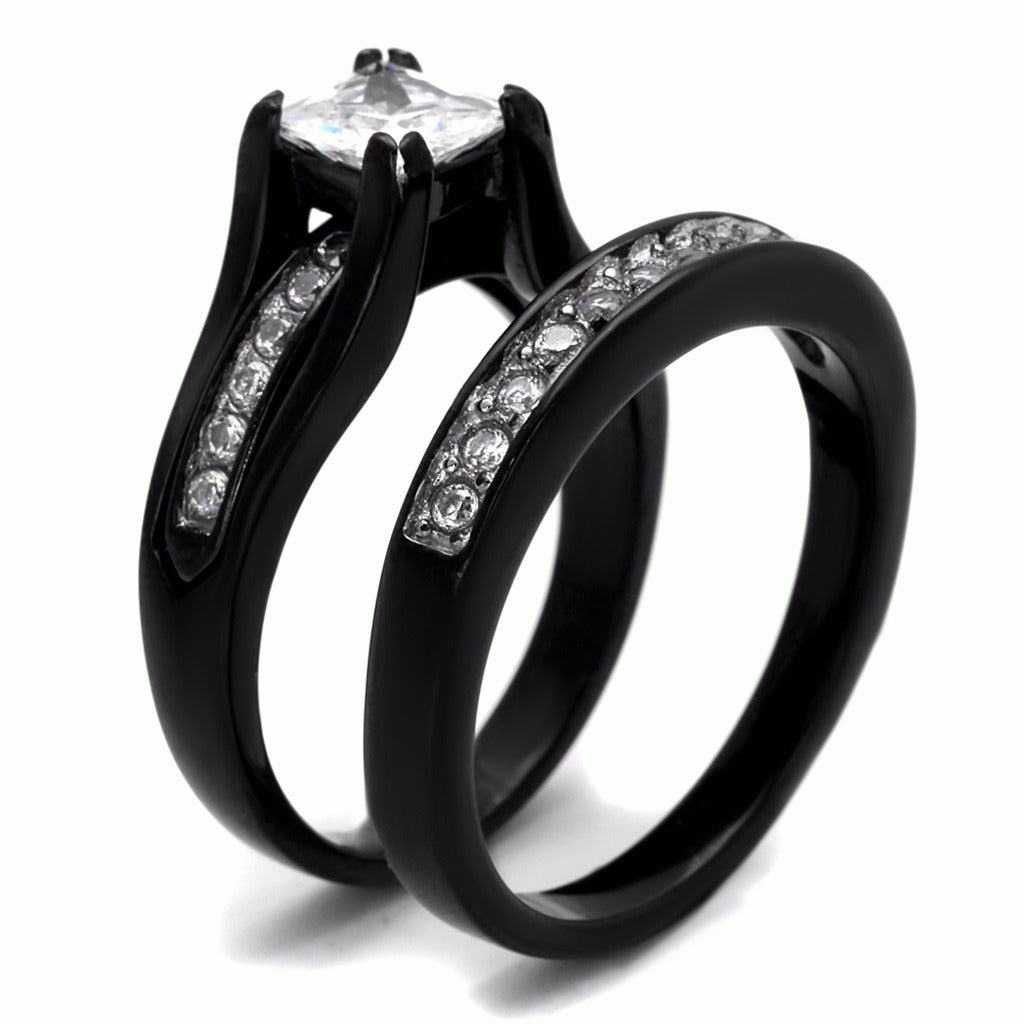 SKCESS Women's Black Gold Plated Ring Set - Cubic Zirconia Wedding Band Stackable Rings - View #6
