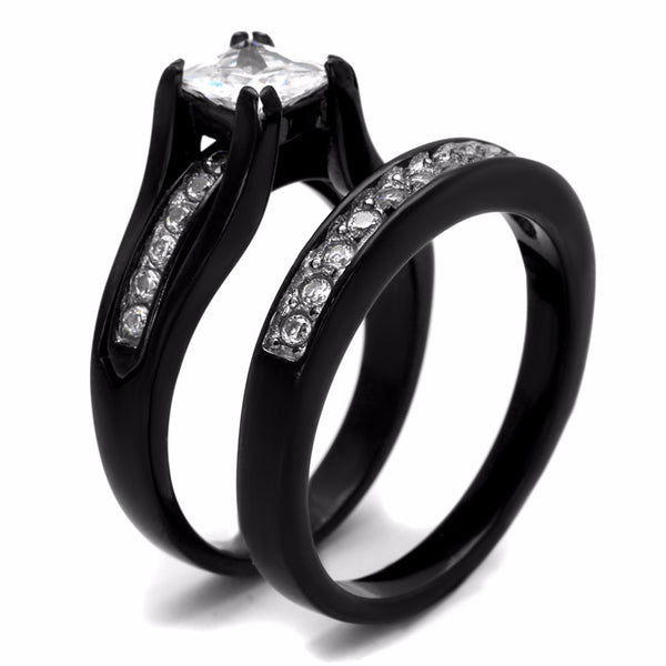 3 PCS Couple Black IP Stainless Steel 7x7mm Princess Cut CZ Engagement Ring Set Mens Spinning Band - LA NY Jewelry