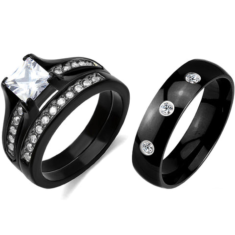 3 PCS Couple Black IP Stainless Steel 7x7mm Princess Cut CZ Engagement Ring Set Mens Band with 3 CZs