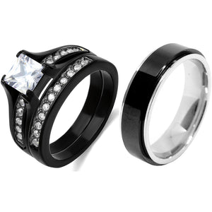 3 PCS Couple Black IP Stainless Steel 7x7mm Princess Cut CZ Engagement Ring Set Mens Spinning Band