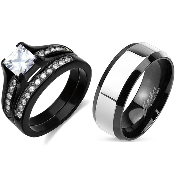 Couple Ring Set 1 Carat Princess CZ Black Stainless Steel Wedding Ring Set Mens Two Tone Band