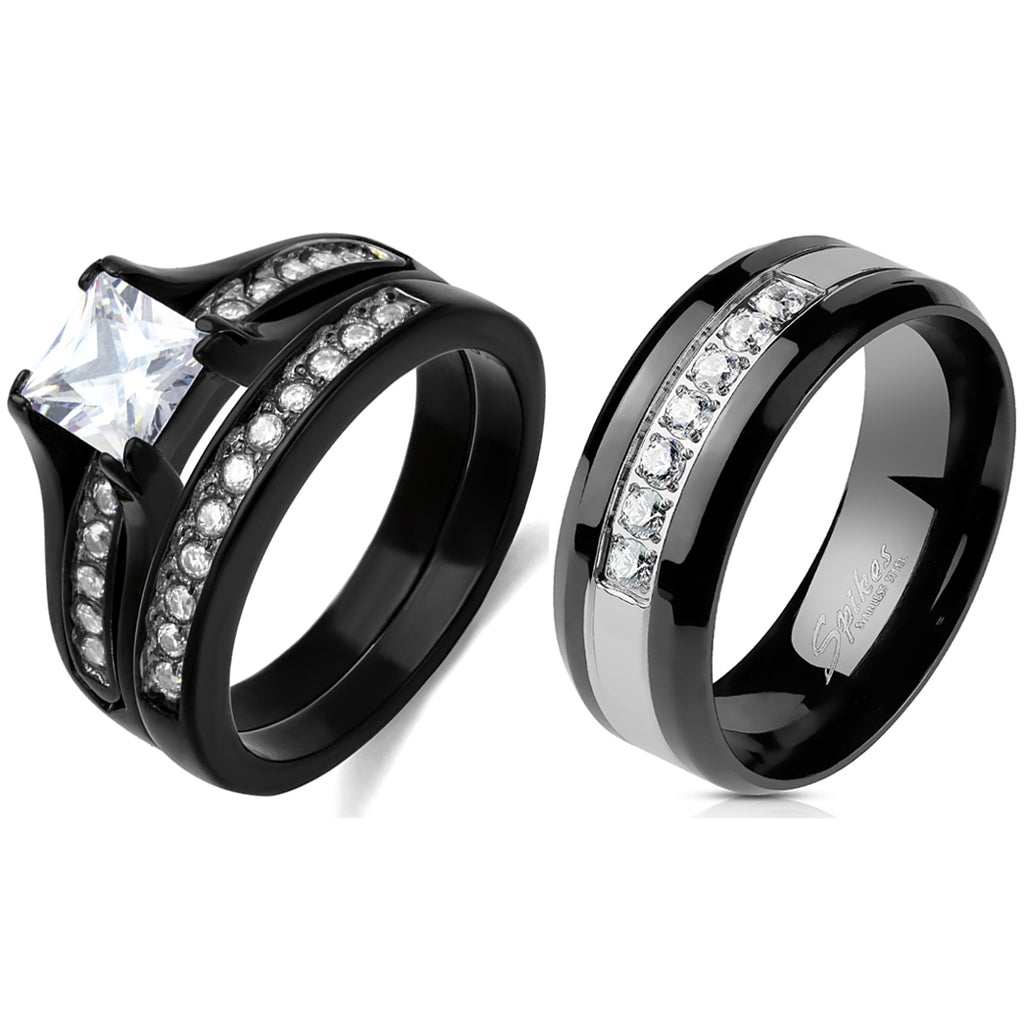 Ring Set Two Rings His Hers Couples Rings Women's Black Gold Plated Blue  Sapphire CZ Engagement Ring Bridal Sets & Men's Titanium Band : Amazon.in:  Fashion
