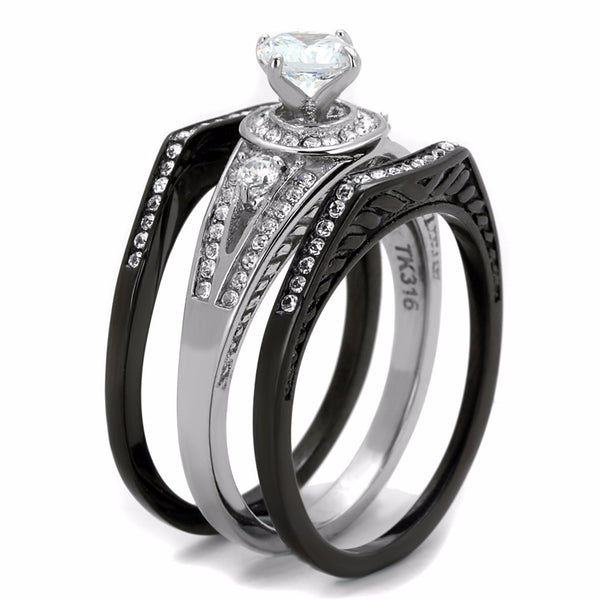 4 PCS Couple Black IP Stainless Steel 6x6mm Round Cut CZ Engagement Ring Set Mens Bezel Set CZ  Wedding Band