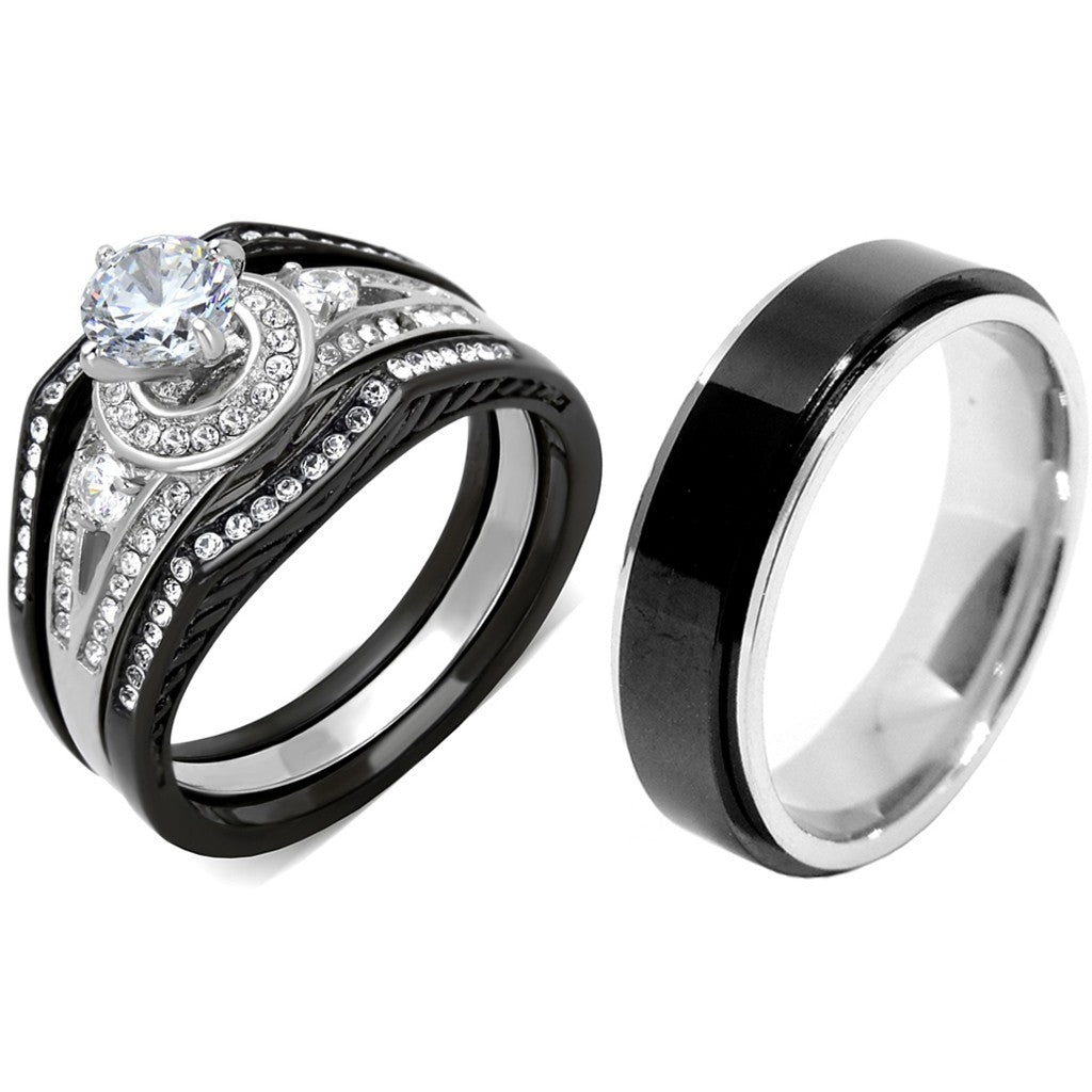 4 PCS Couple Black IP Stainless Steel 6x6mm Round Cut CZ Engagement Ring Set Mens Spinning Band