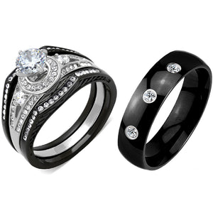 4 PCS Couple Black IP Stainless Steel 6x6mm Round Cut CZ Engagement Ring Set Mens 3 CZ Band