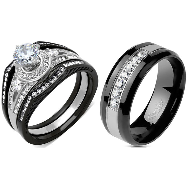 4 PCS Couple Black IP Stainless Steel 6x6mm Round Cut CZ Engagement Ring Set Mens 7 CZs Band