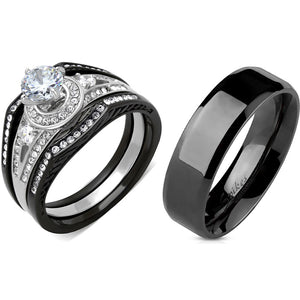 4 PCS Couple Black IP Stainless Steel 6x6mm Round Cut CZ Engagement Ring Set Mens Flat Band