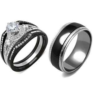 4 PCS Couple Black IP Stainless Steel 6x6mm Round Cut CZ Engagement Ring Set Mens Matching Band