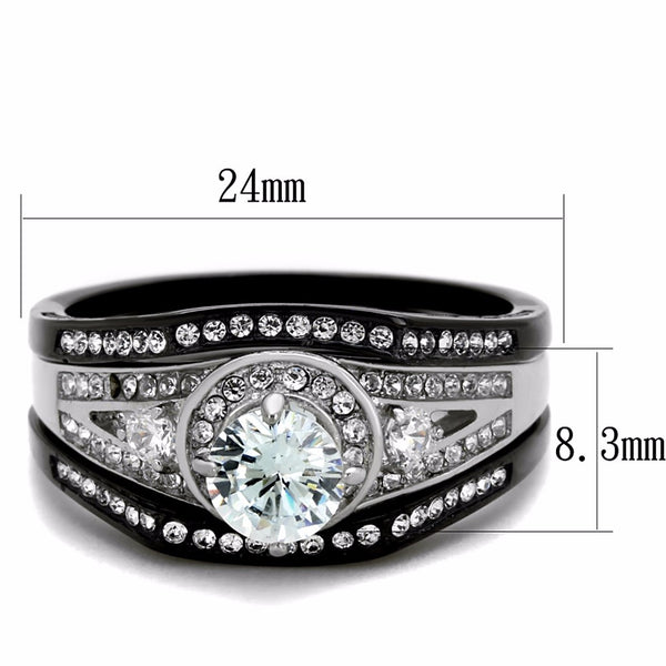 4 PCS Couple Black IP Stainless Steel 6x6mm Round Cut CZ Engagement Ring Set Mens Flat Band