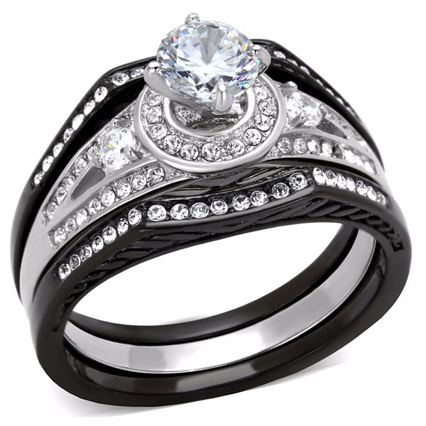 4 PCS Couple Black IP Stainless Steel 6x6mm Round Cut CZ Engagement Ring Set Mens Bezel Set CZ  Wedding Band