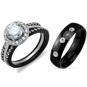 4 PCS Couple Black IP Stainless Steel 7x7mm Round Cut CZ Engagement Ring Set Mens 3 CZ Band