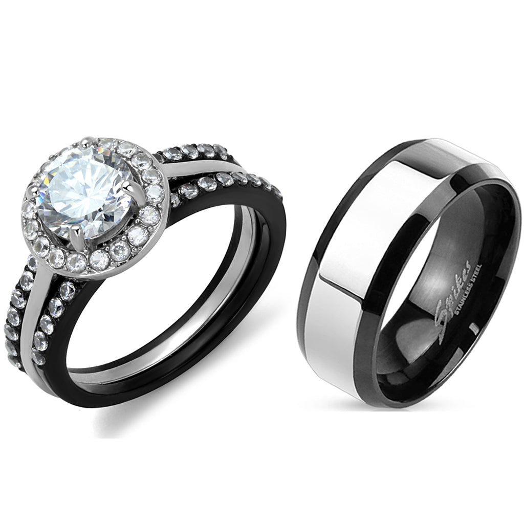 His Hers 4 Piece Black Stainless Steel & Titanium Matching Wedding Band Ring  Set - Edwin Earls Jewelry