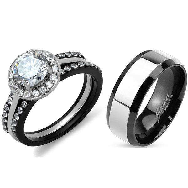 His Hers Matching Ring Set Womens 1 Carat 7x7mm CZ Black Wedding Ring Set Mens Two Tone Band