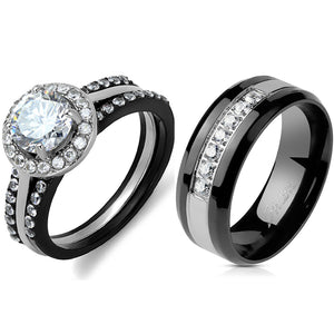 His Hers Ring Set Womens 1 Carat 7x7mm CZ Black Wedding Ring Mens 7 CZs Wedding Band