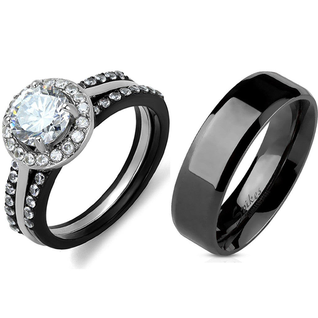 4 PCS Couple Black IP Stainless Steel 7x7mm Round Cut CZ Engagement Ring Set Mens Flat Band